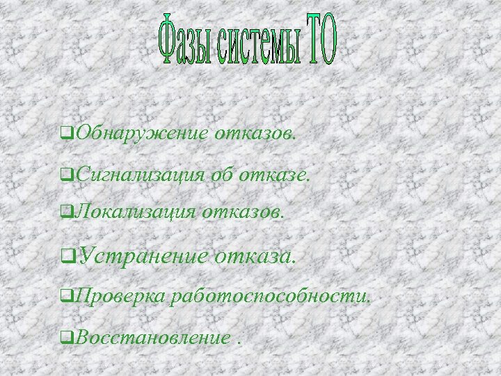 q. Обнаружение отказов. q. Сигнализация об отказе. q. Локализация отказов. q. Устранение q. Проверка