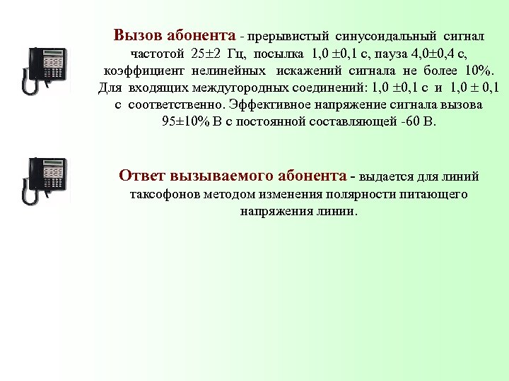 Вызов абонента - прерывистый синусоидальный сигнал частотой 25 2 Гц, посылка 1, 0 0,