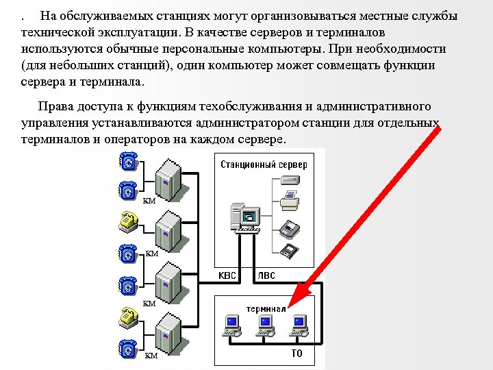 . На обслуживаемых станциях могут организовываться местные службы технической эксплуатации. В качестве серверов и