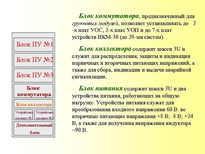 Блок коммутатора, предназначенный для групповых модулей, позволяет устанавливать до 2 -х плат УОС,