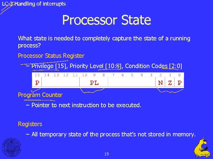 LC-3 Handling of interrupts Processor State What state is needed to completely capture the
