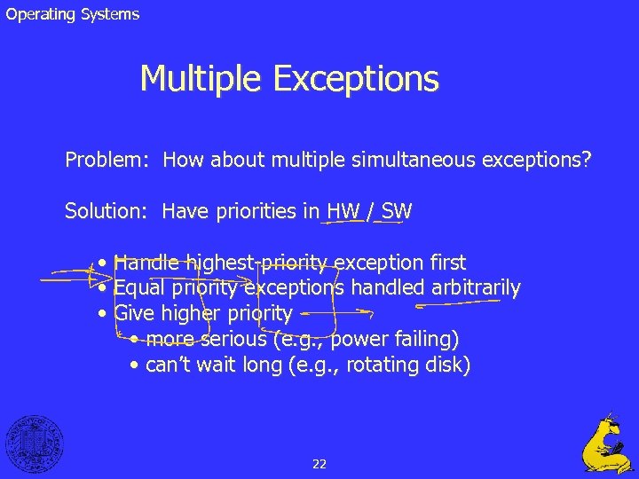 Operating Systems Multiple Exceptions Problem: How about multiple simultaneous exceptions? Solution: Have priorities in