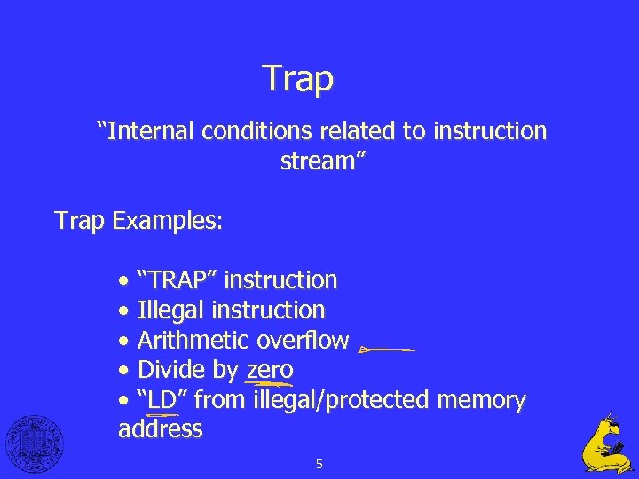 Trap “Internal conditions related to instruction stream” Trap Examples: • “TRAP” instruction • Illegal
