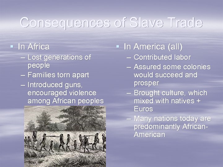 Consequences of Slave Trade § In Africa – Lost generations of people – Families