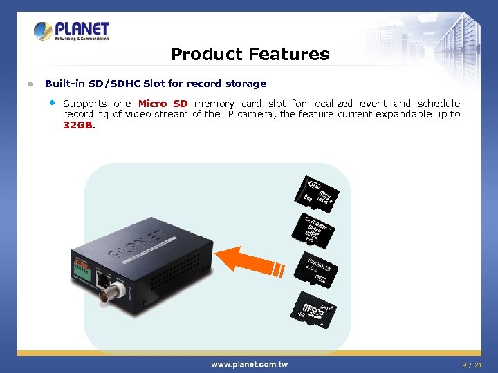 Product Features u Built-in SD/SDHC Slot for record storage • Supports one Micro SD