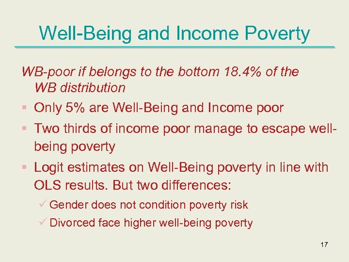 Well-Being and Income Poverty WB-poor if belongs to the bottom 18. 4% of the