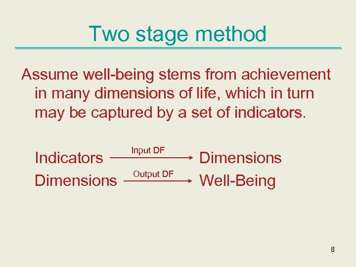Two stage method Assume well-being stems from achievement in many dimensions of life, which