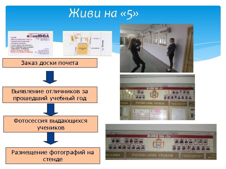 Живи на « 5» Заказ доски почета Выявление отличников за прошедший учебный год Фотосессия