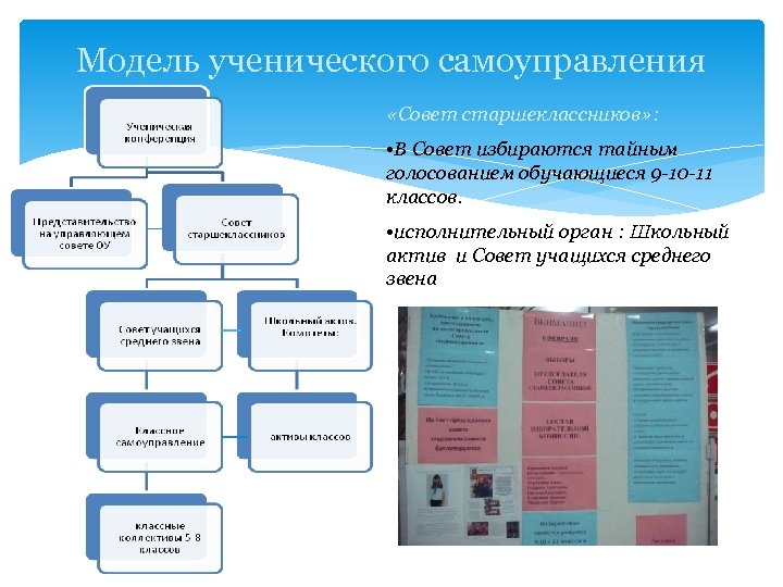 Модель ученического самоуправления «Совет старшеклассников» : • В Совет избираются тайным голосованием обучающиеся 9