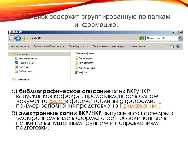 CD диск содержит сгруппированную по папкам информацию: а) библиографическое описание всех ВКР/НКР выпускников кафедры,