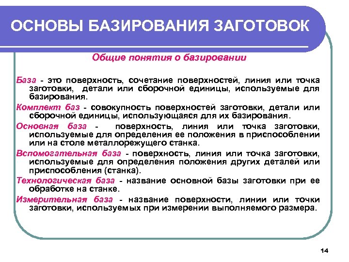 ОСНОВЫ БАЗИРОВАНИЯ ЗАГОТОВОК Общие понятия о базировании База - это поверхность, сочетание поверхностей, линия