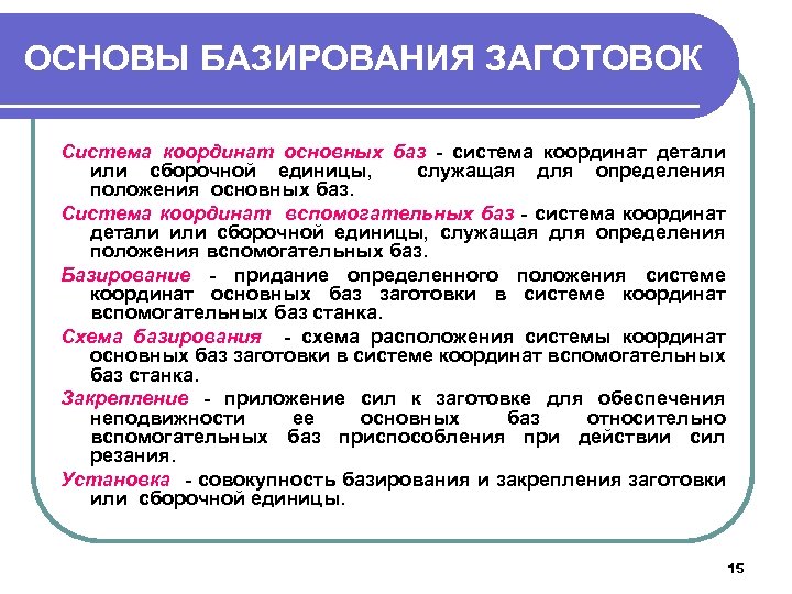 ОСНОВЫ БАЗИРОВАНИЯ ЗАГОТОВОК Система координат основных баз - система координат детали или сборочной единицы,