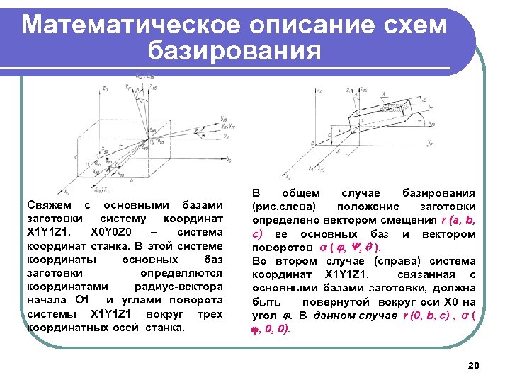 Математическое описание схем базирования Свяжем с основными базами заготовки систему координат X 1 Y