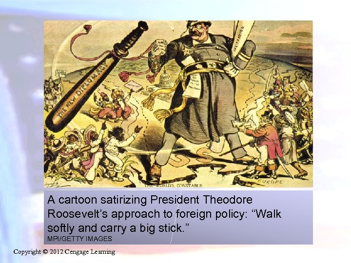 A cartoon satirizing President Theodore Roosevelt’s approach to foreign policy: “Walk softly and carry