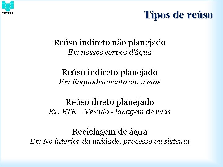 Tipos de reúso Reúso indireto não planejado Ex: nossos corpos d’água Reúso indireto planejado