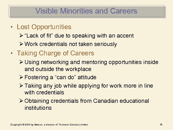 Visible Minorities and Careers • Lost Opportunities Ø “Lack of fit” due to speaking