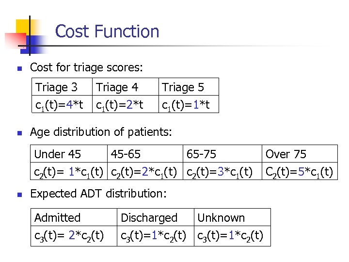 Cost Function n Cost for triage scores: Triage 3 c 1(t)=4*t n Triage 4