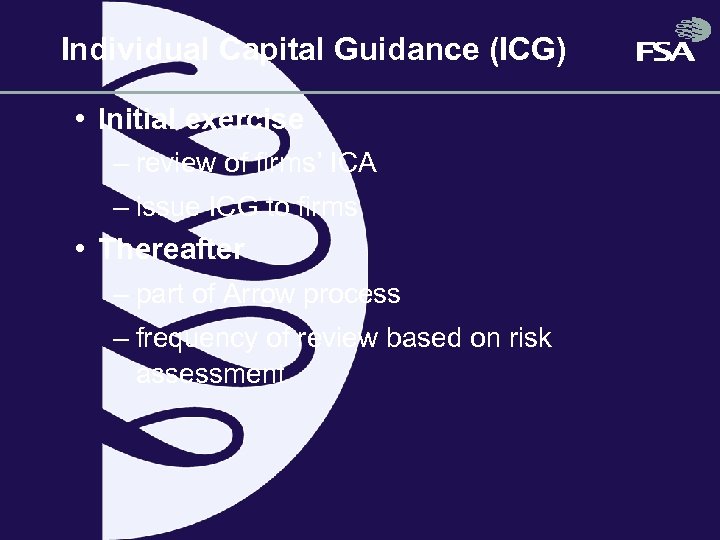 Individual Capital Guidance (ICG) • Initial exercise – review of firms’ ICA – issue
