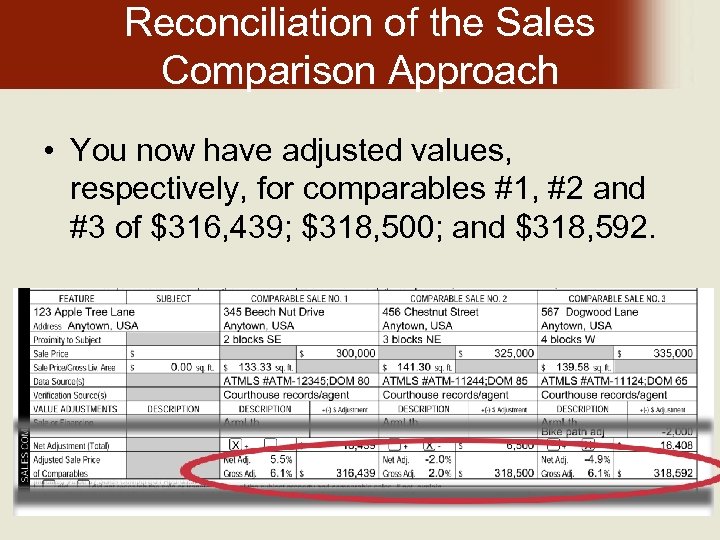 Reconciliation of the Sales Comparison Approach • You now have adjusted values, respectively, for