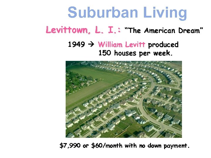 Suburban Living Levittown, L. I. : “The American Dream” 1949 William Levitt produced 150