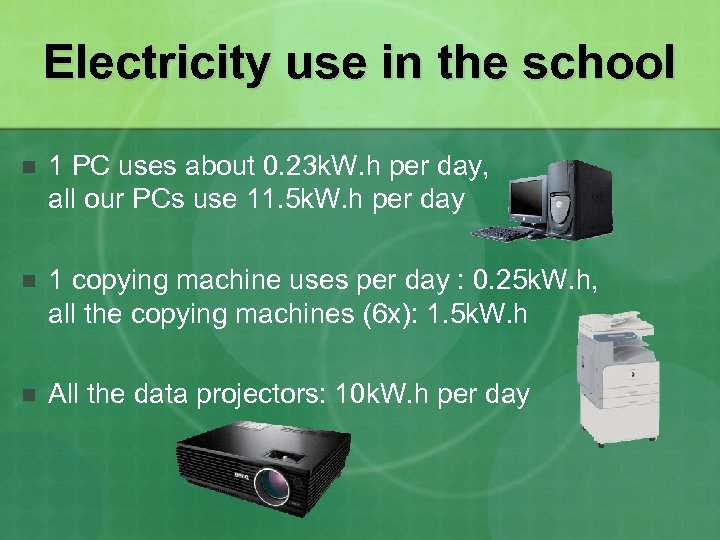 Electricity use in the school n 1 PC uses about 0. 23 k. W.