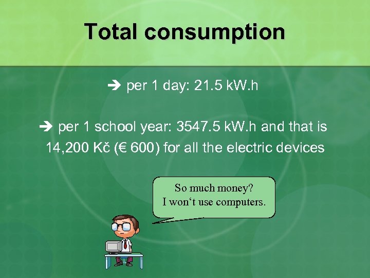 Total consumption per 1 day: 21. 5 k. W. h per 1 school year: