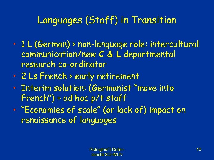 Languages (Staff) in Transition • 1 L (German) > non-language role: intercultural communication/new C