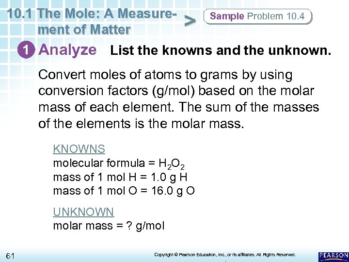 10. 1 The Mole: A Measure. Sample Problem 10. 4 > ment of Matter