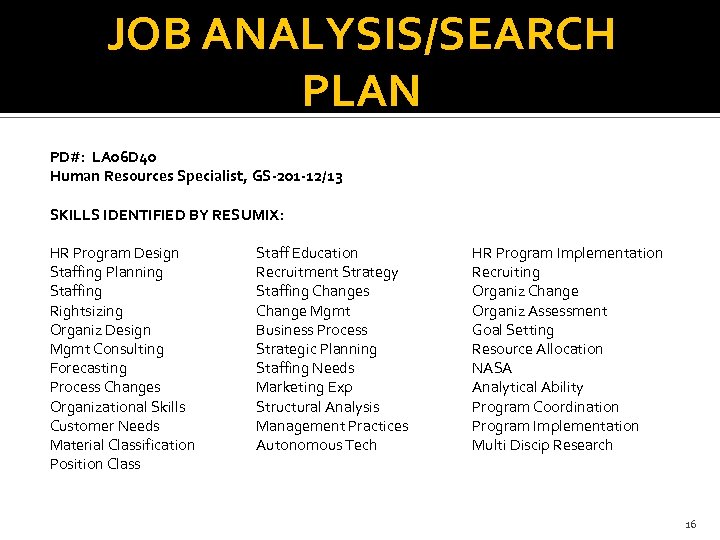 JOB ANALYSIS/SEARCH PLAN PD#: LA 06 D 40 Human Resources Specialist, GS-201 -12/13 SKILLS
