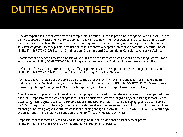 DUTIES ADVERTISED Provides expert and authoritative advice on complex classification issues and problems with