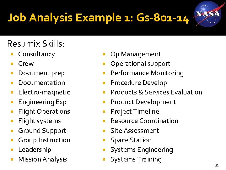 Job Analysis Example 1: Gs-801 -14 Resumix Skills: Consultancy Crew Document prep Documentation Electro-magnetic