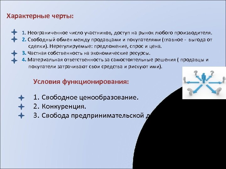 Характерные черты: 1. Неограниченное число участников, доступ на рынок любого производителя. 2. Свободный обмен