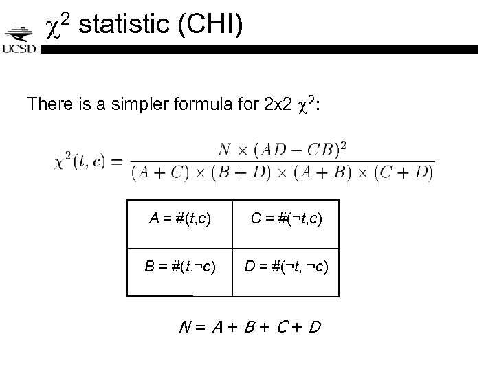  2 statistic (CHI) There is a simpler formula for 2 x 2 2: