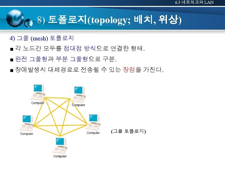6. 5 네트워크와 LAN 8) 토폴로지(topology; 배치, 위상) 4) 그물 (mesh) 토플로지 ■ 각