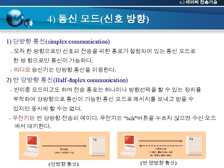 6. 2 데이터 전송기술 4) 통신 모드(신호 방향) 1) 단방향 통신(simplex communication) - 오직
