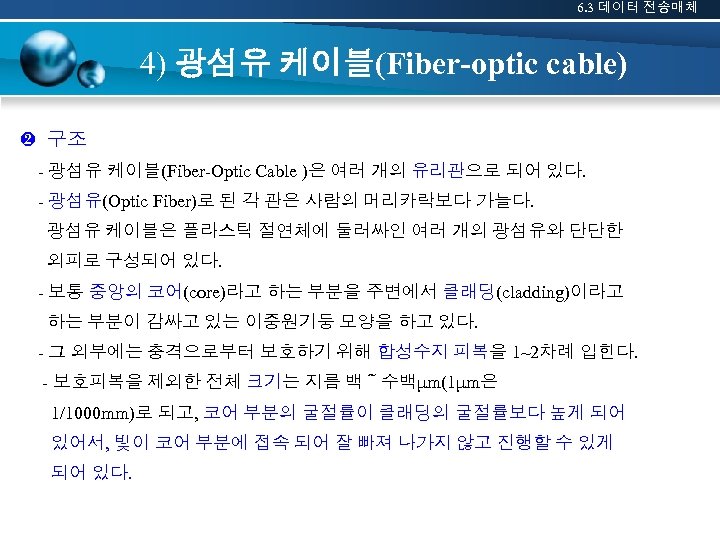 6. 3 데이터 전송매체 4) 광섬유 케이블(Fiber-optic cable) ❷ 구조 - 광섬유 케이블(Fiber-Optic Cable