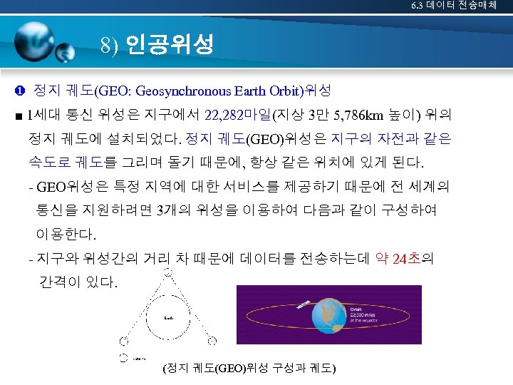 6. 3 데이터 전송매체 8) 인공위성 ❶ 정지 궤도(GEO: Geosynchronous Earth Orbit)위성 ■ 1세대