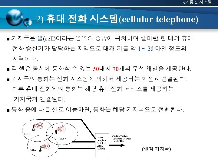 6. 4 통신 시스템 2) 휴대 전화 시스템(cellular telephone) ■ 기지국은 셀(cell)이라는 영역의 중앙에