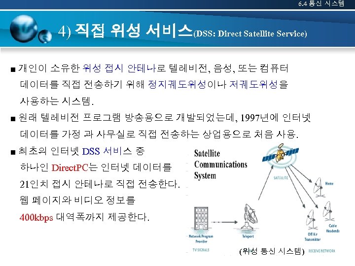6. 4 통신 시스템 4) 직접 위성 서비스(DSS: Direct Satellite Service) ■ 개인이 소유한