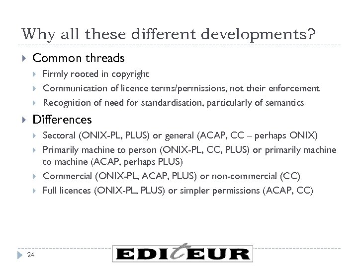 Why all these different developments? Common threads Firmly rooted in copyright Communication of licence