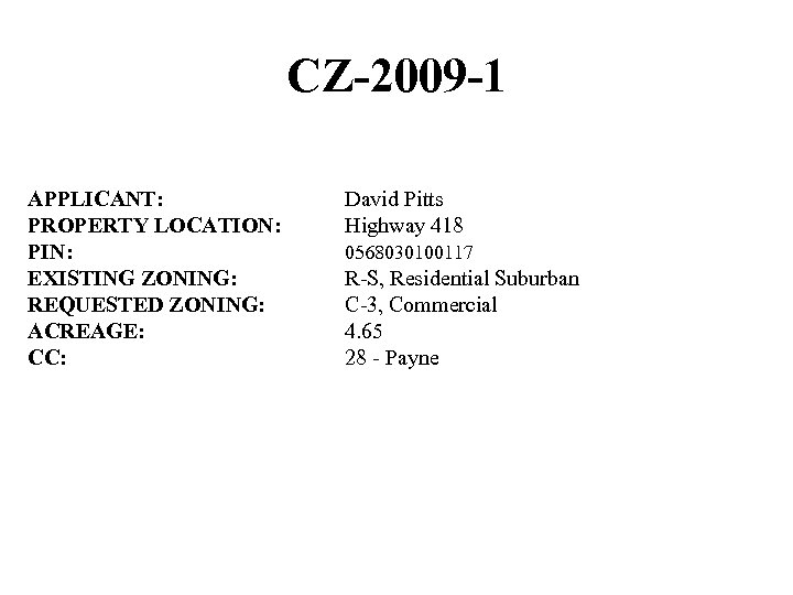 CZ-2009 -1 APPLICANT: PROPERTY LOCATION: PIN: EXISTING ZONING: REQUESTED ZONING: ACREAGE: CC: David Pitts