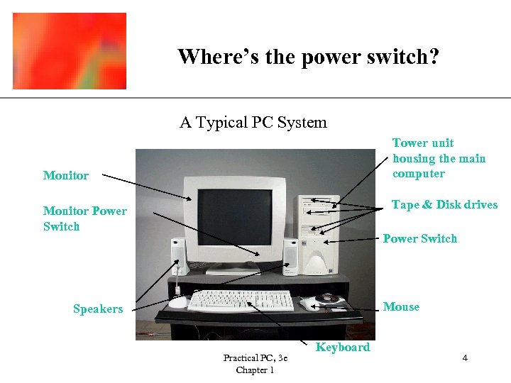 Where’s the power switch? XP A Typical PC System Tower unit housing the main