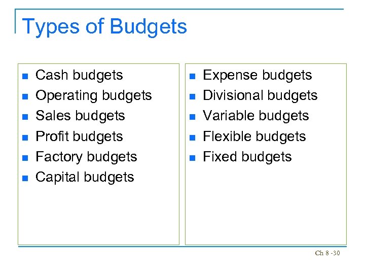 Types of Budgets n n n Cash budgets Operating budgets Sales budgets Profit budgets