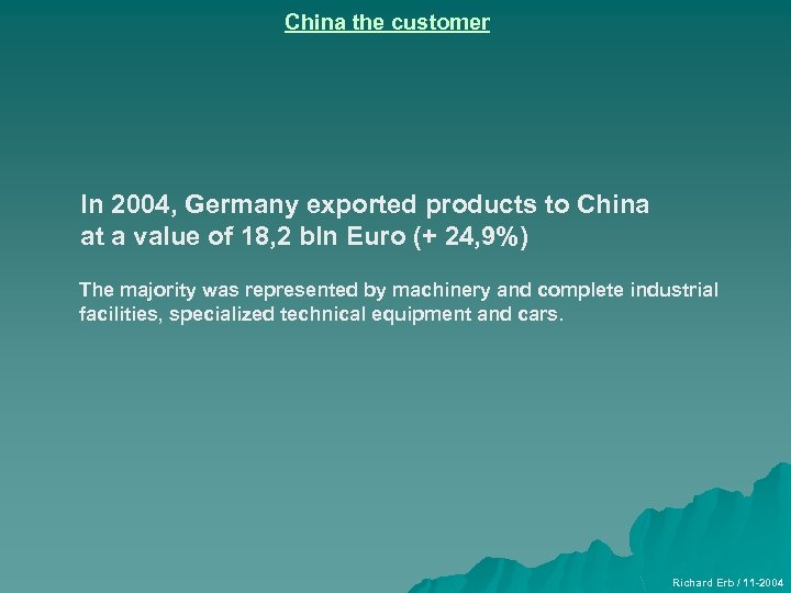 China the customer In 2004, Germany exported products to China at a value of