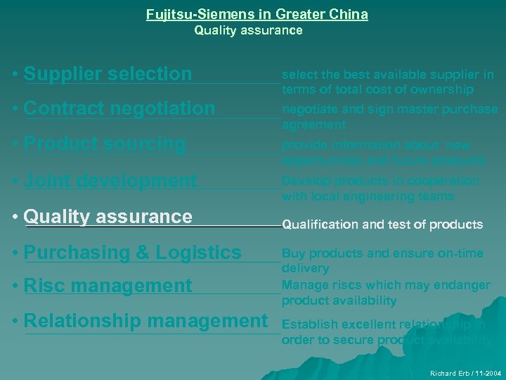 Fujitsu-Siemens in Greater China Quality assurance • Supplier selection select the best available supplier
