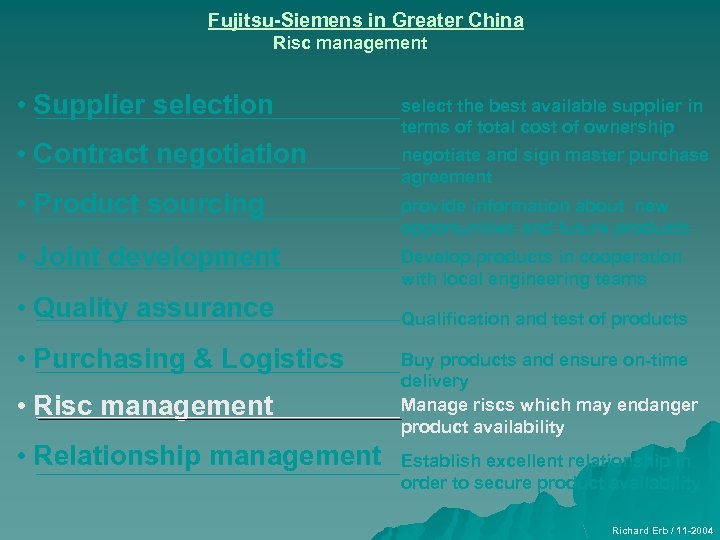 Fujitsu-Siemens in Greater China Risc management • Supplier selection select the best available supplier