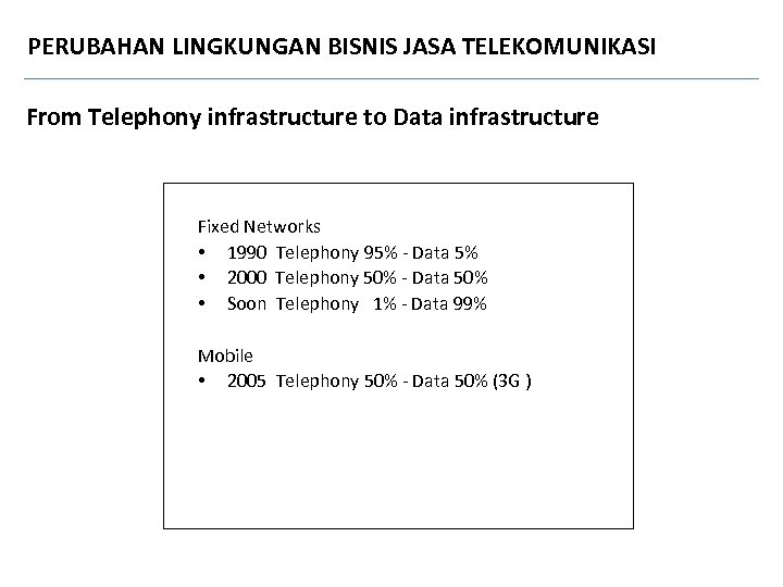 PERUBAHAN LINGKUNGAN BISNIS JASA TELEKOMUNIKASI From Telephony infrastructure to Data infrastructure Fixed Networks •