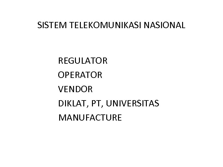 SISTEM TELEKOMUNIKASI NASIONAL REGULATOR OPERATOR VENDOR DIKLAT, PT, UNIVERSITAS MANUFACTURE 