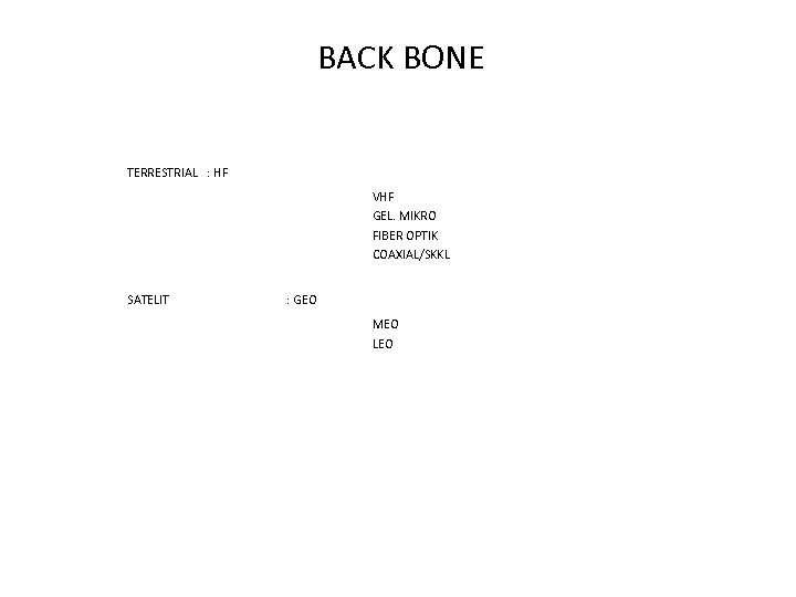 BACK BONE TERRESTRIAL : HF VHF GEL. MIKRO FIBER OPTIK COAXIAL/SKKL SATELIT : GEO
