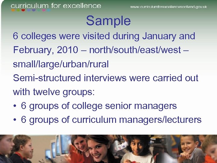 Sample 6 colleges were visited during January and February, 2010 – north/south/east/west – small/large/urban/rural